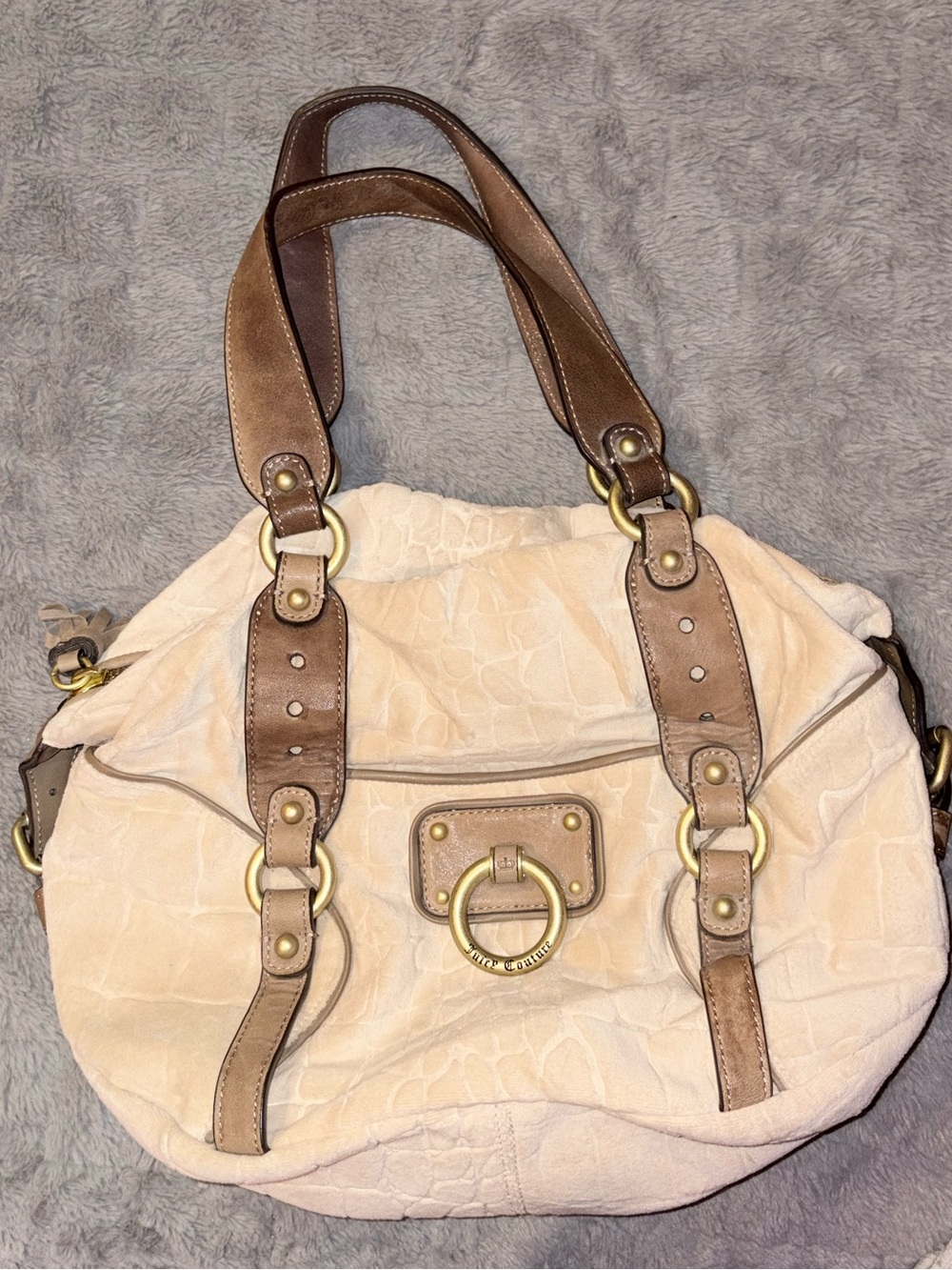 Juicy Couture Vintage Cream Croc-Texture Shoulder Bag with Brown Leather Straps